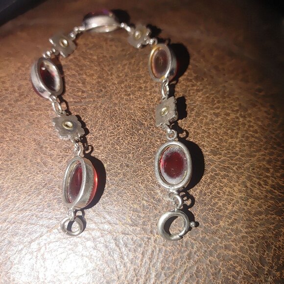 Vintage Bracelet Floral Silver Tone Oval Cabochons Red Blue Glass Star Stones - Picture 6 of 7